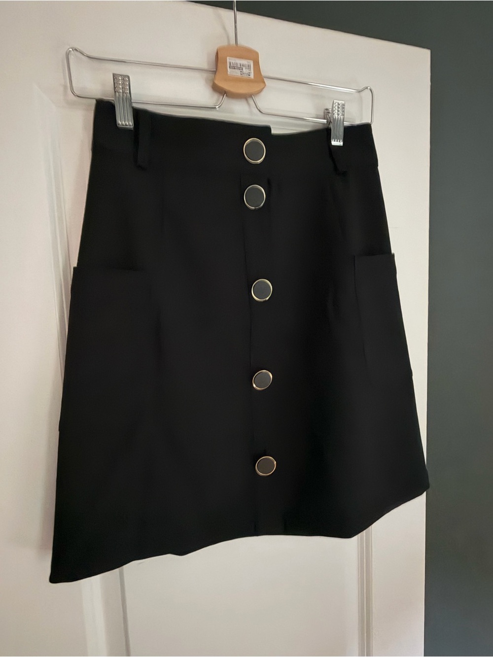 Sezane Black A-Line Skirt with Gold-Rim Button Detail